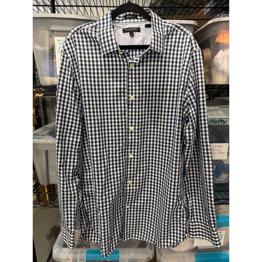Banana Republic Grant Fit Non-Iron Gingham Dress Shirt Navy White Mens Large
